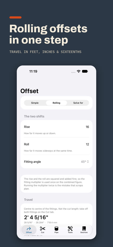 CutRight offset screen showing travel and run