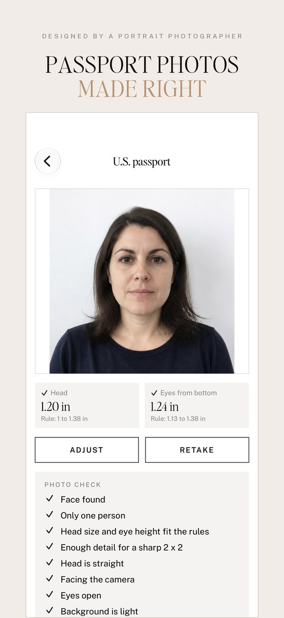 PortraitPass photo check: head size 1.20 inches and eye height 1.24 inches measured against the passport rules