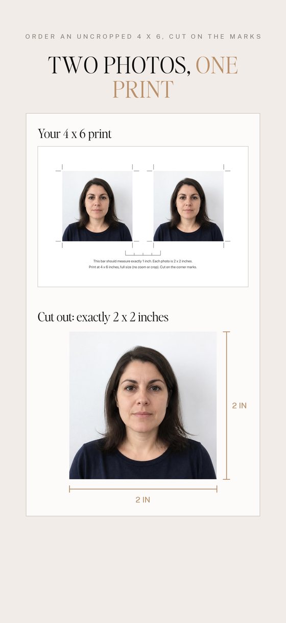 4 x 6 print with two 2 x 2 passport photos, cut out exactly 2 x 2 inches