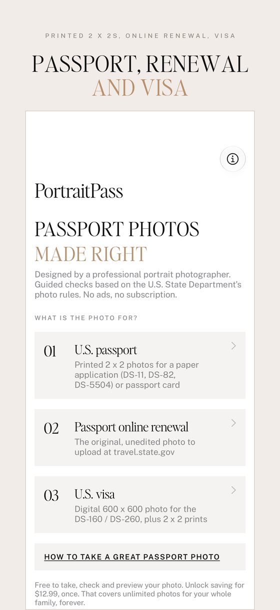 Choose U.S. passport, passport online renewal or U.S. visa photo