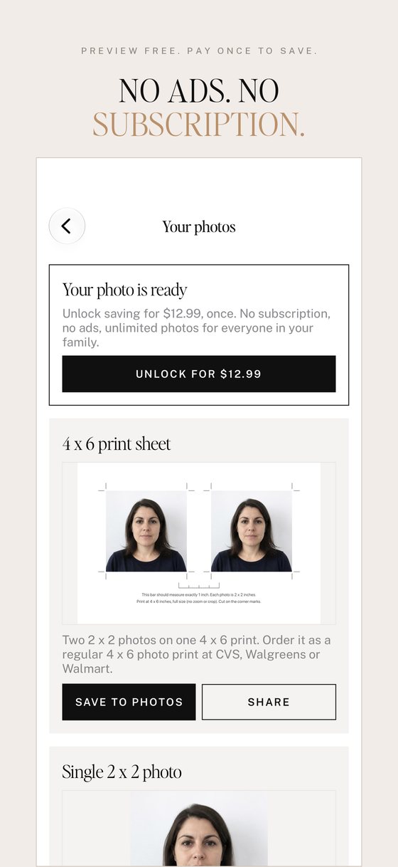 Your photo is ready: unlock saving for $12.99 once, no ads, no subscription